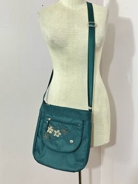 Haiku Jaunt Crossbody Bag Teal W/Flower Appliqué